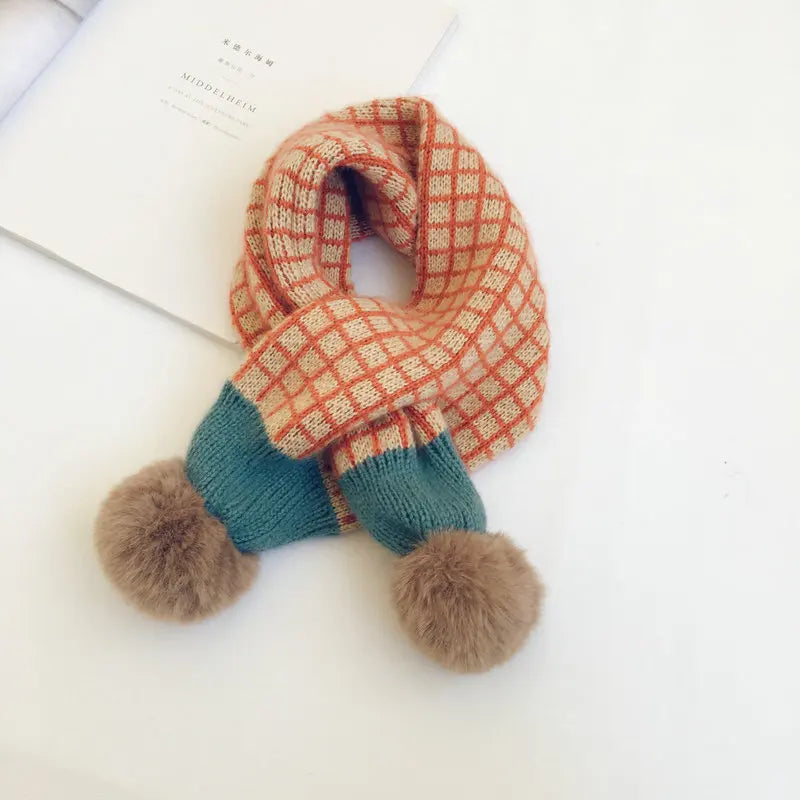 Kids Plaid Knit Scarf with Pompom