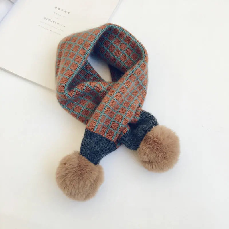 Kids Plaid Knit Scarf with Pompom