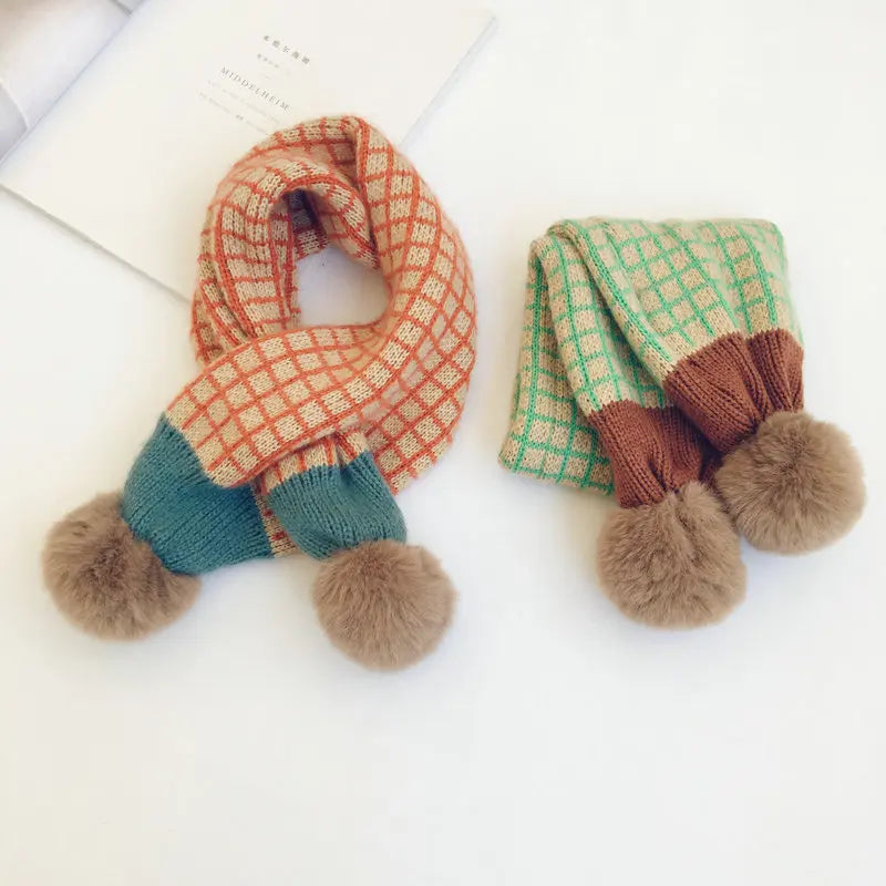 Kids Plaid Knit Scarf with Pompom