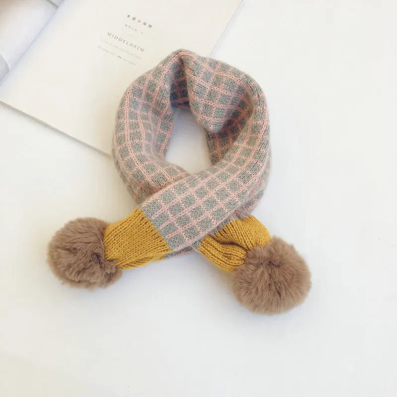 Kids Plaid Knit Scarf with Pompom