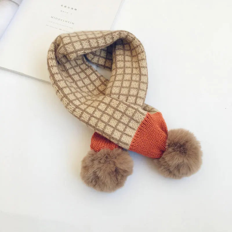 Kids Plaid Knit Scarf with Pompom