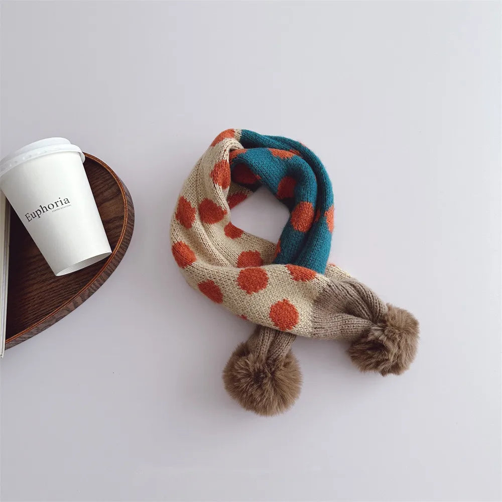 Kids Plaid Knit Scarf with Pompom