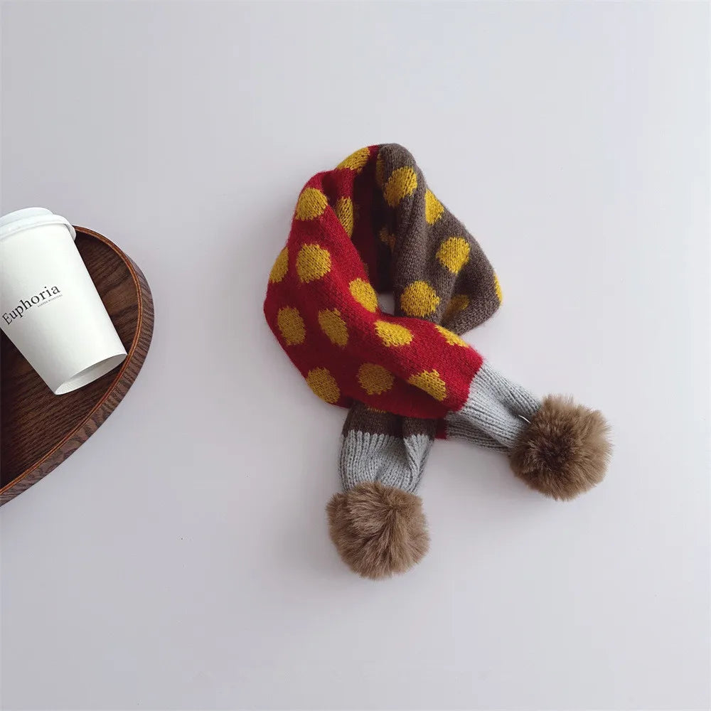 Kids Plaid Knit Scarf with Pompom