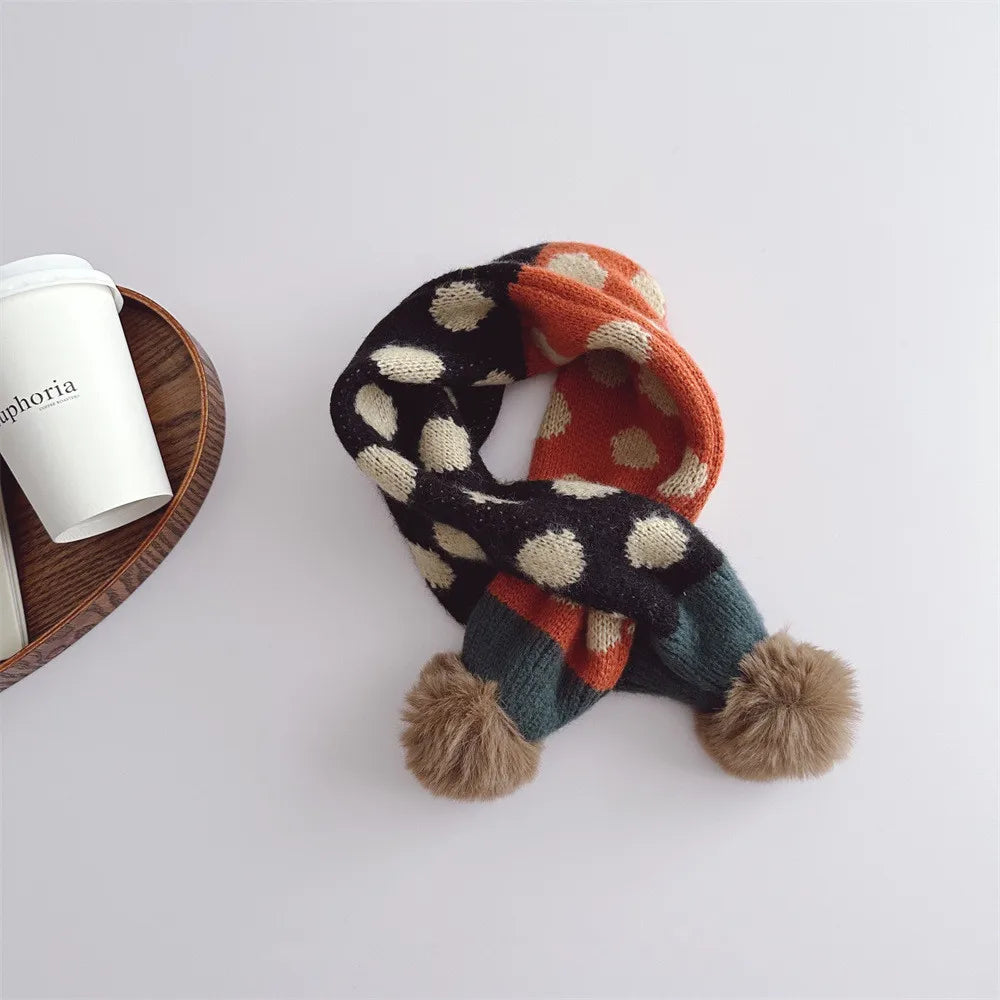 Kids Plaid Knit Scarf with Pompom
