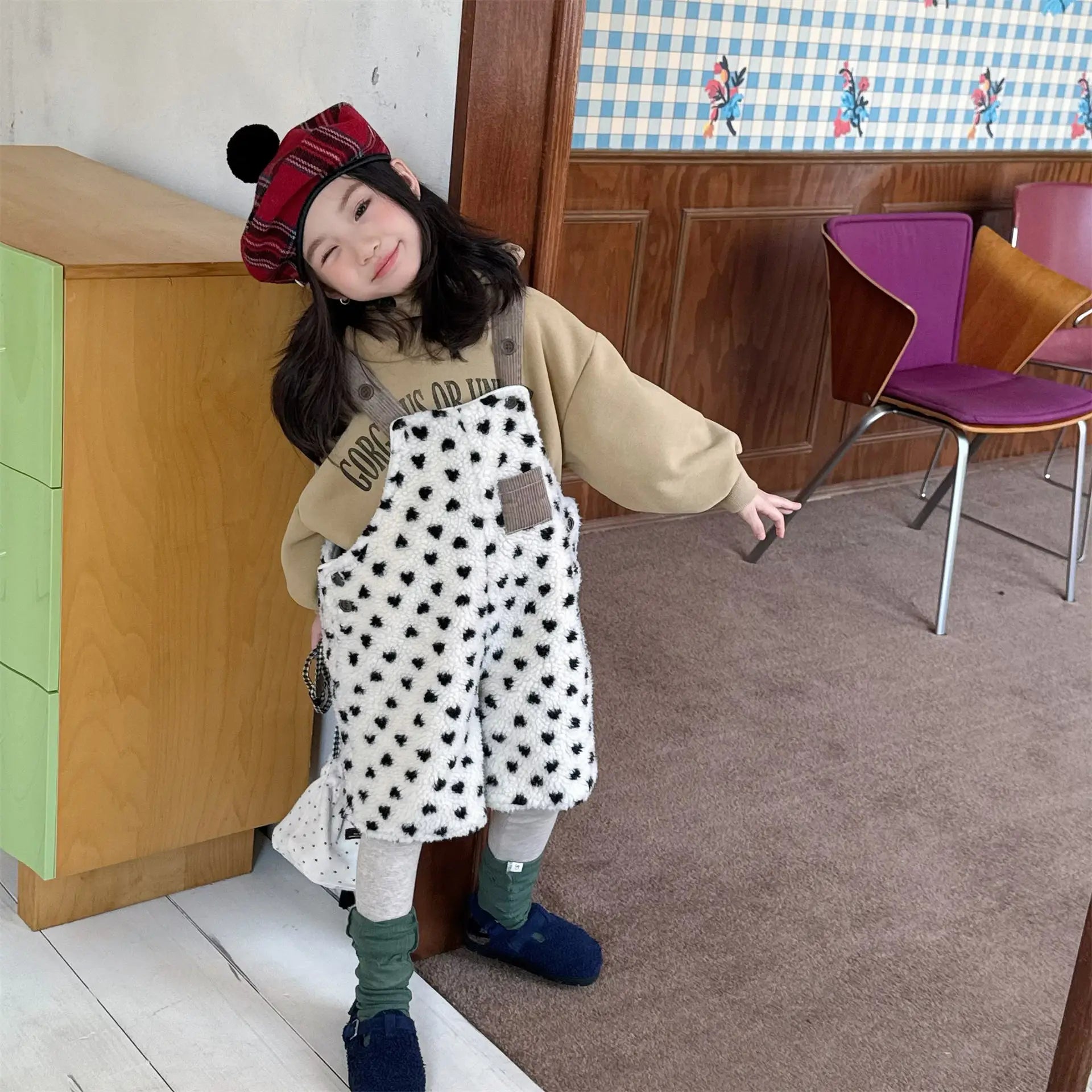 Kids Printed Fleece Suspender Pants
