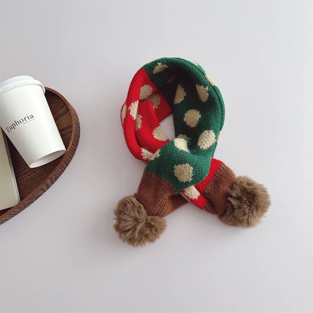 Kids Plaid Knit Scarf with Pompom
