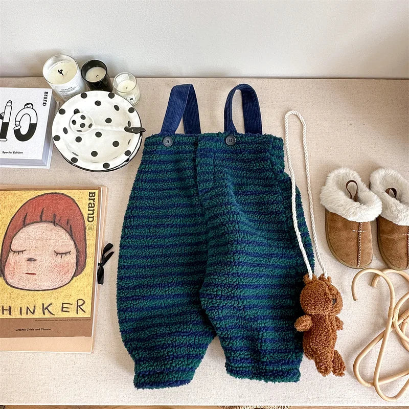 Kids Fleece Striped Suspender Pants