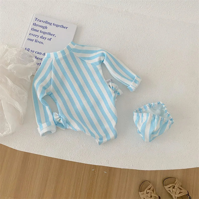 Kids Striped Long Sleeve Swimwear with Cap