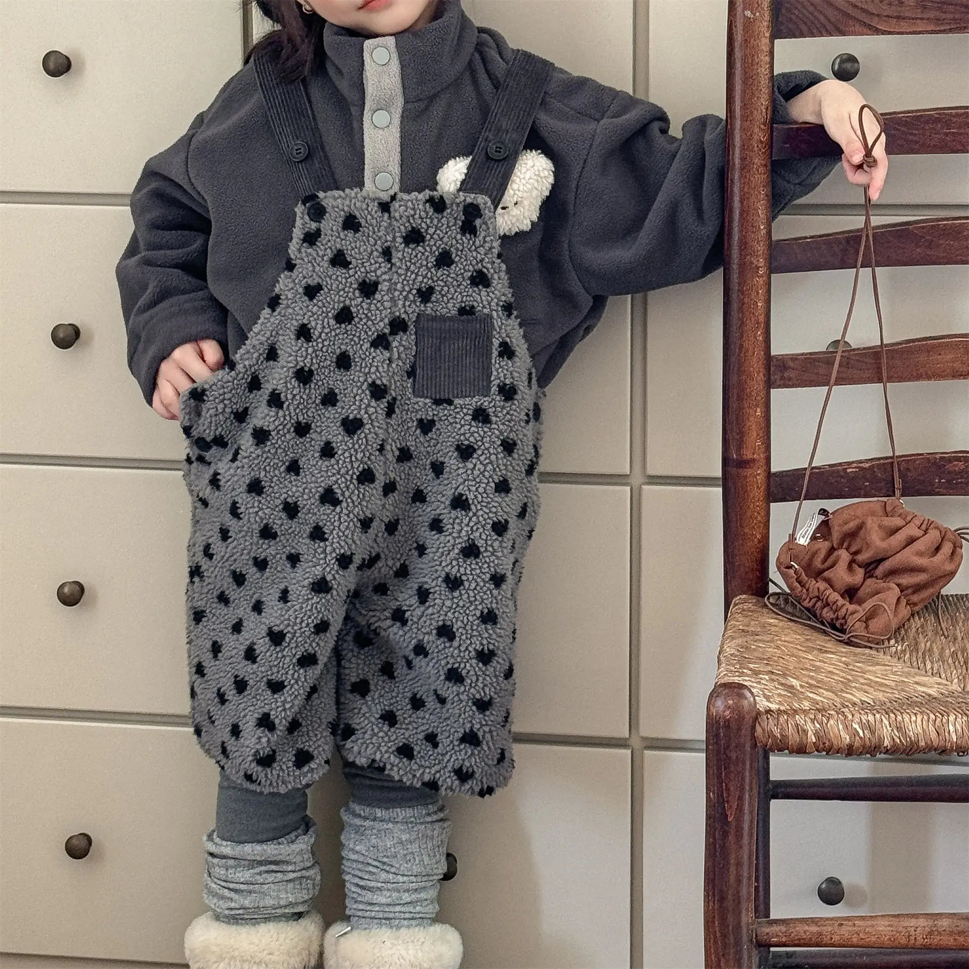 Kids Printed Fleece Suspender Pants