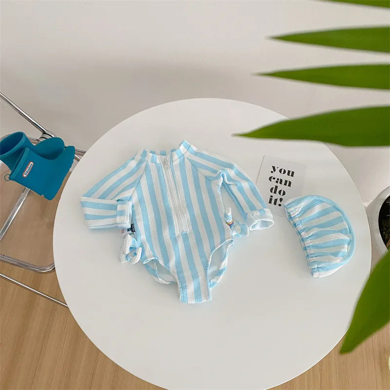 Kids Striped Long Sleeve Swimwear with Cap