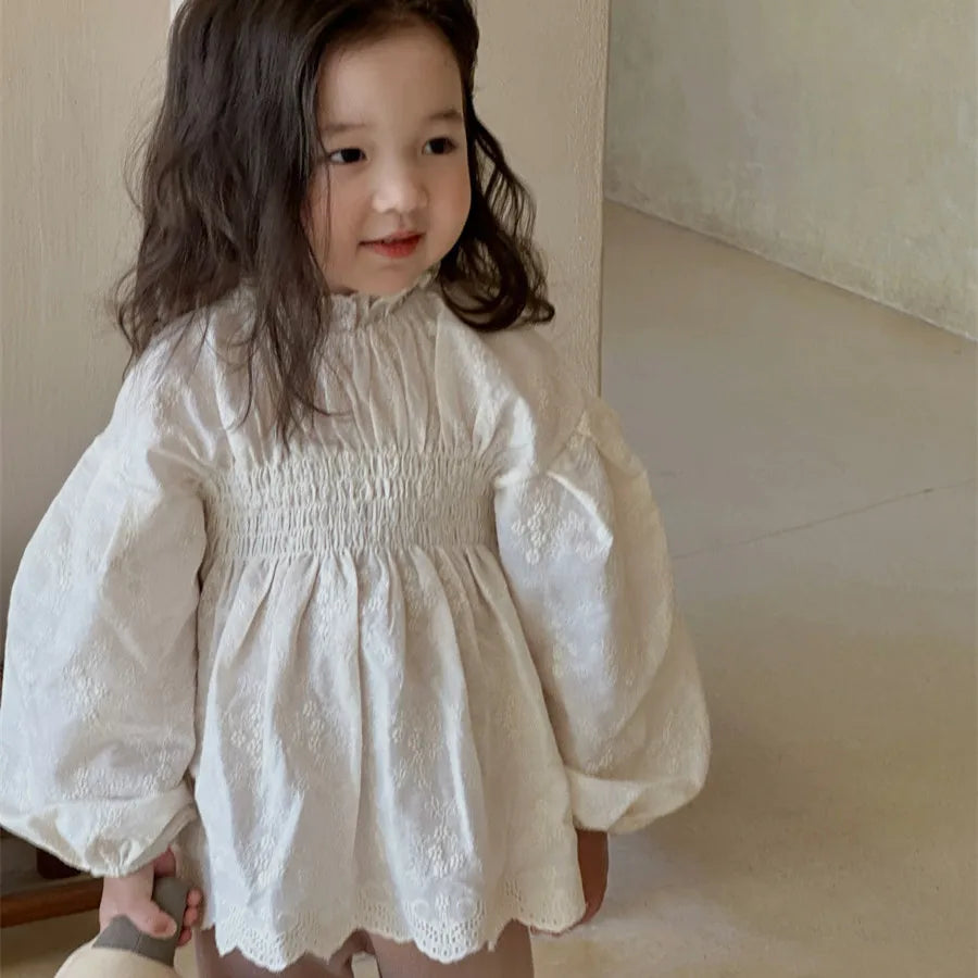 Lace Embroidery Lantern Sleeve Girls Blouse