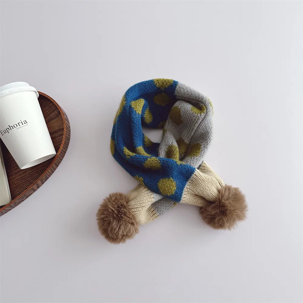 Kids Plaid Knit Scarf with Pompom