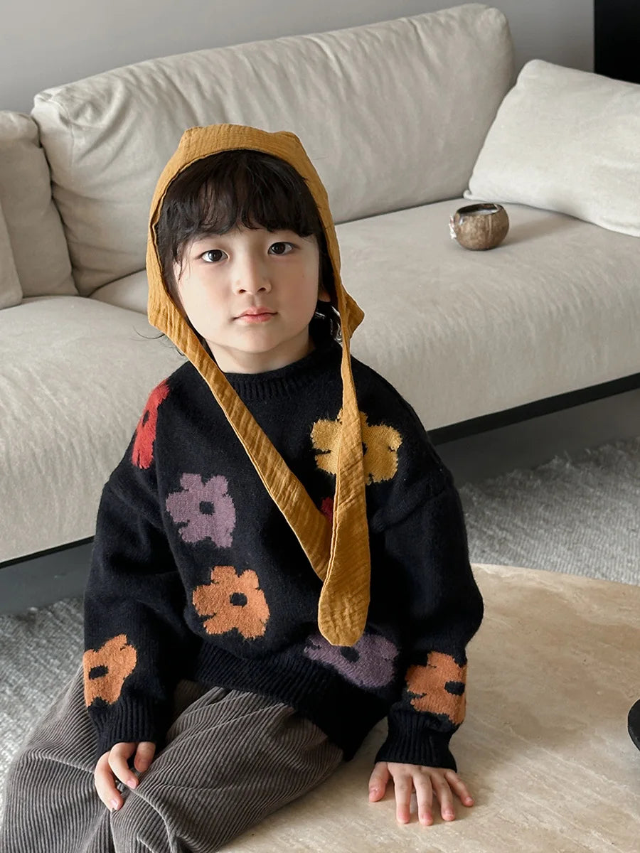 Kids Floral Knit Pullover Sweater