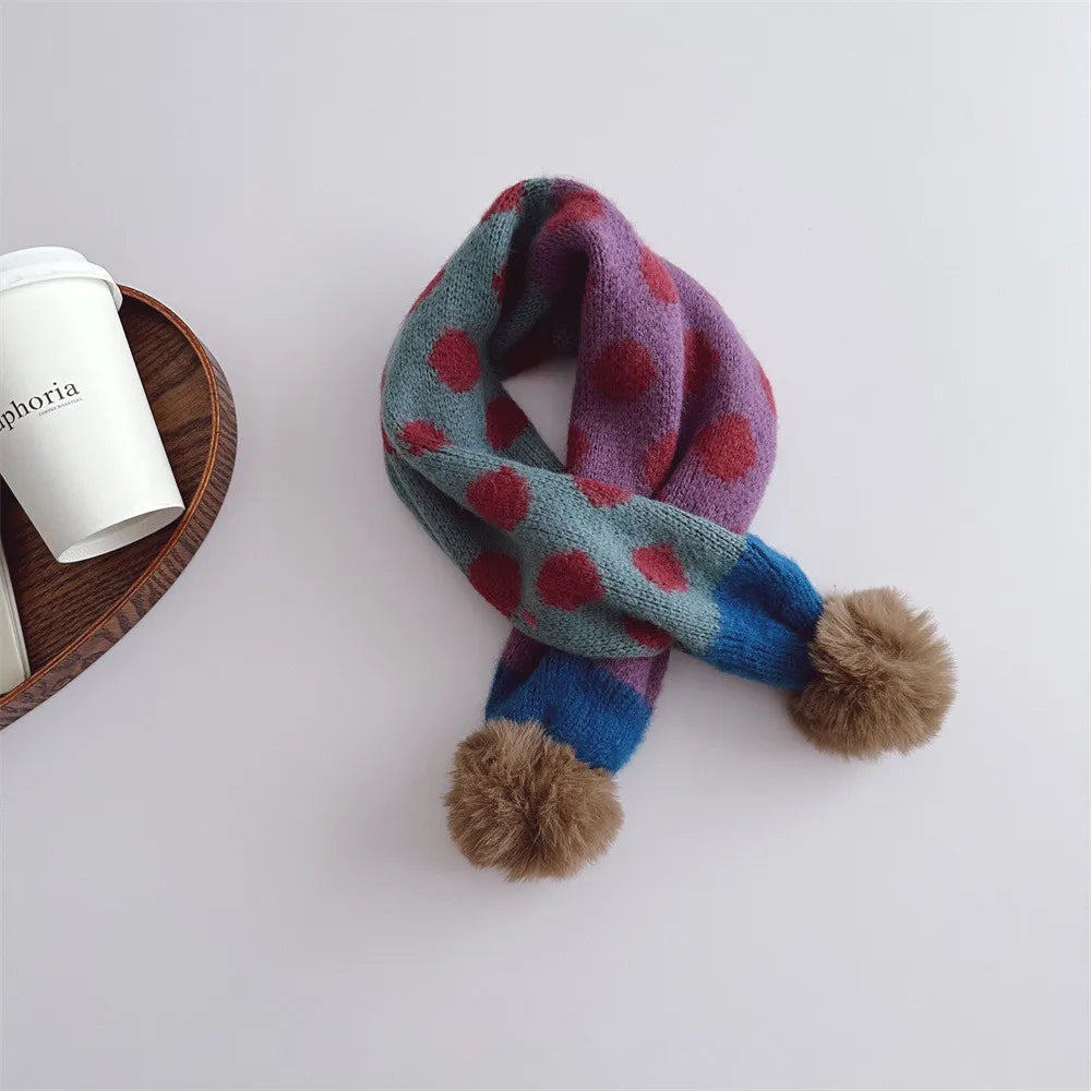 Kids Plaid Knit Scarf with Pompom