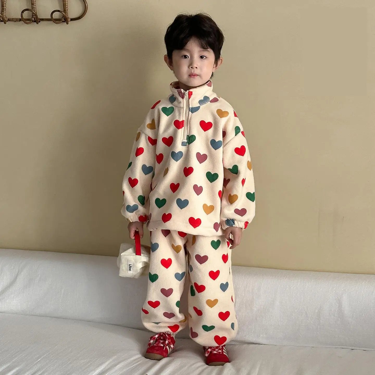 Two-Piece Set Kids Fleece Heart Sweatshirt and Pants