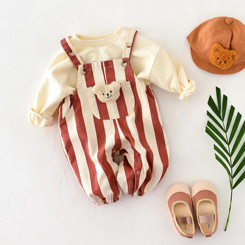 Cartoon Bear Stripe Baby Jumpsuit