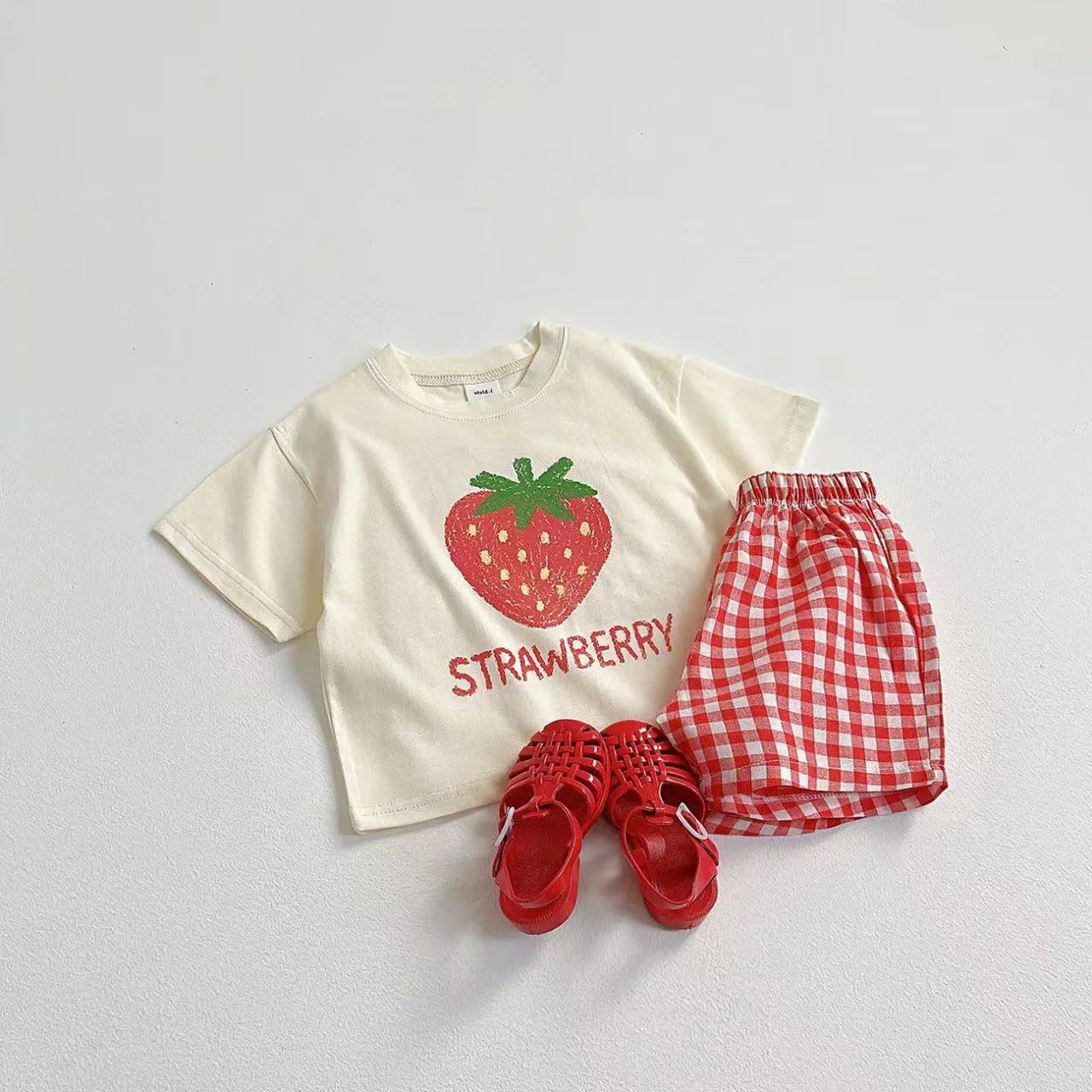 Two-Piece Set Kids Fruit Tee and Plaid Shorts