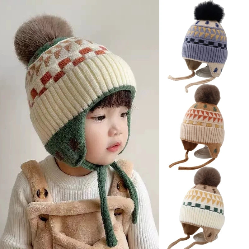 Kids Pom Pom Earflap Winter Hat