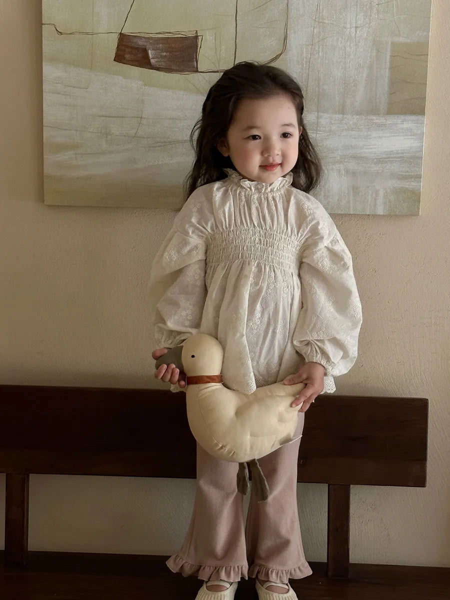 Lace Embroidery Lantern Sleeve Girls Blouse