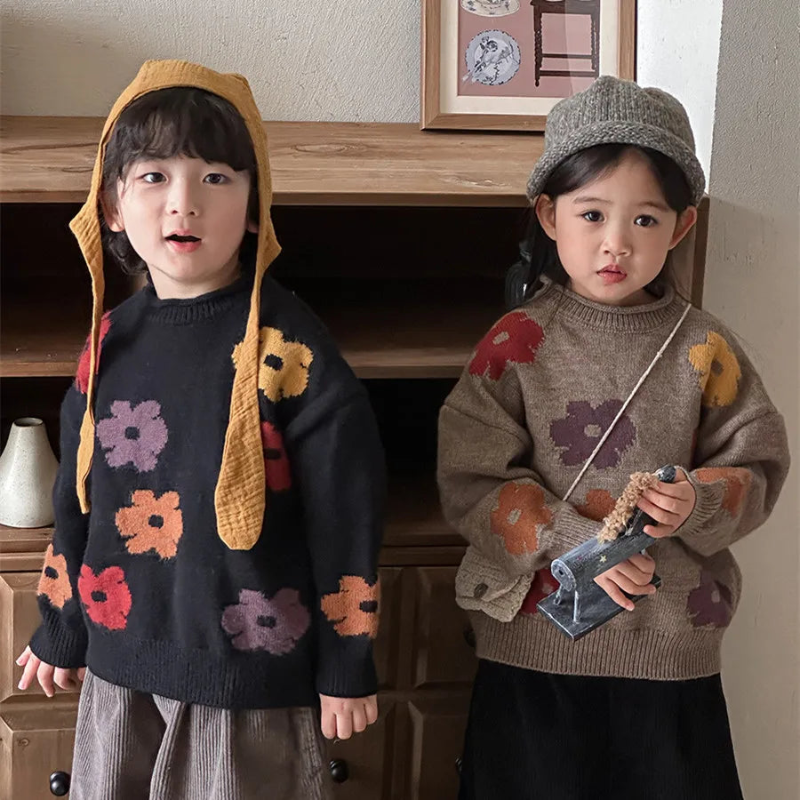 Kids Floral Knit Pullover Sweater