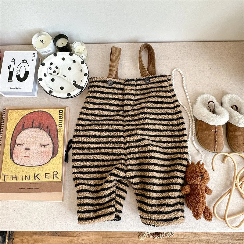 Kids Fleece Striped Suspender Pants