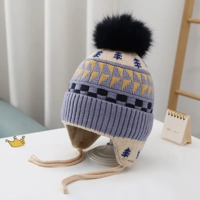Kids Pom Pom Earflap Winter Hat