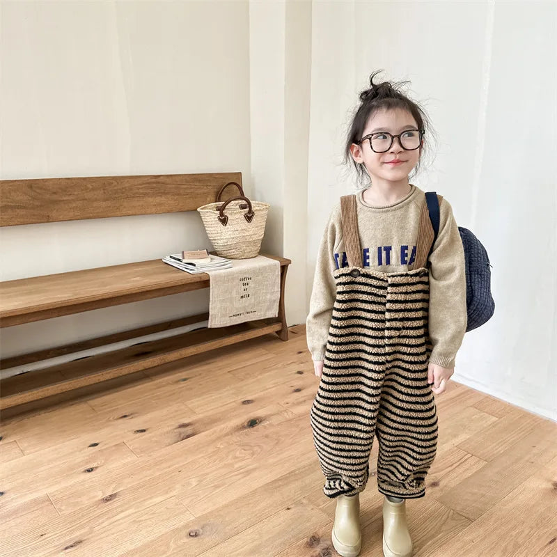 Kids Fleece Striped Suspender Pants