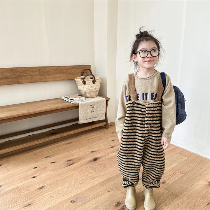 Kids Fleece Striped Suspender Pants