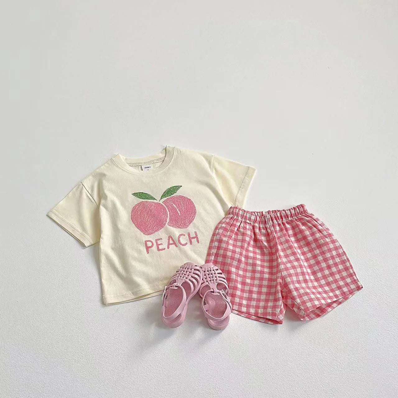 Two-Piece Set Kids Fruit Tee and Plaid Shorts