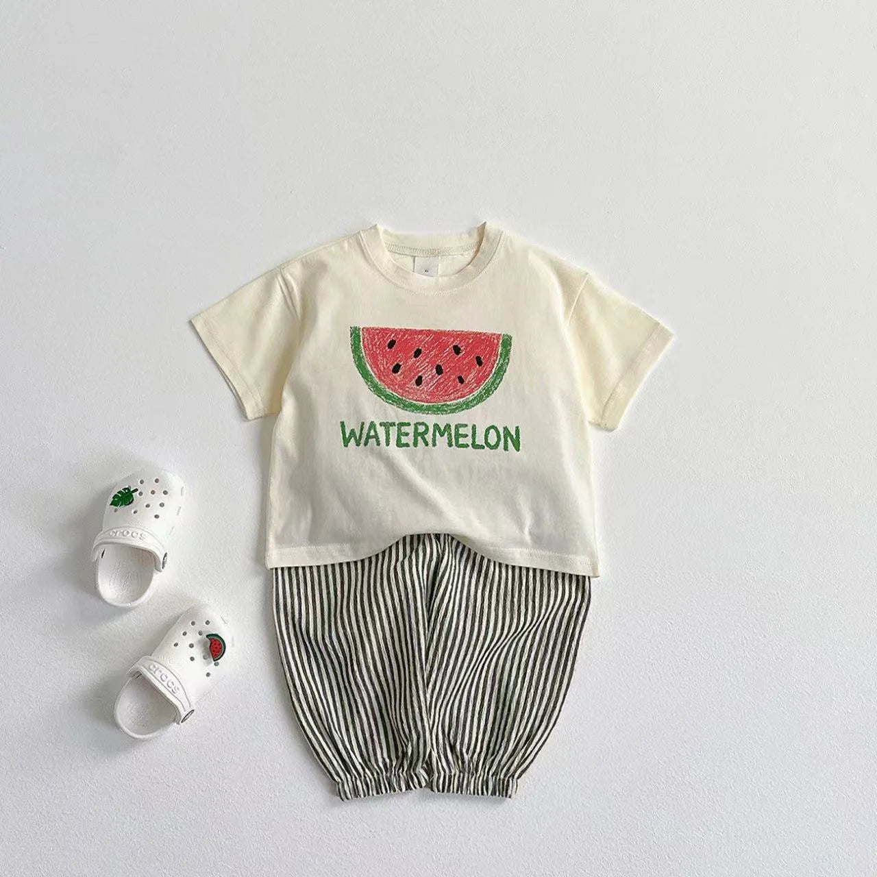 Two-Piece Set Kids Fruit Tee and Plaid Shorts