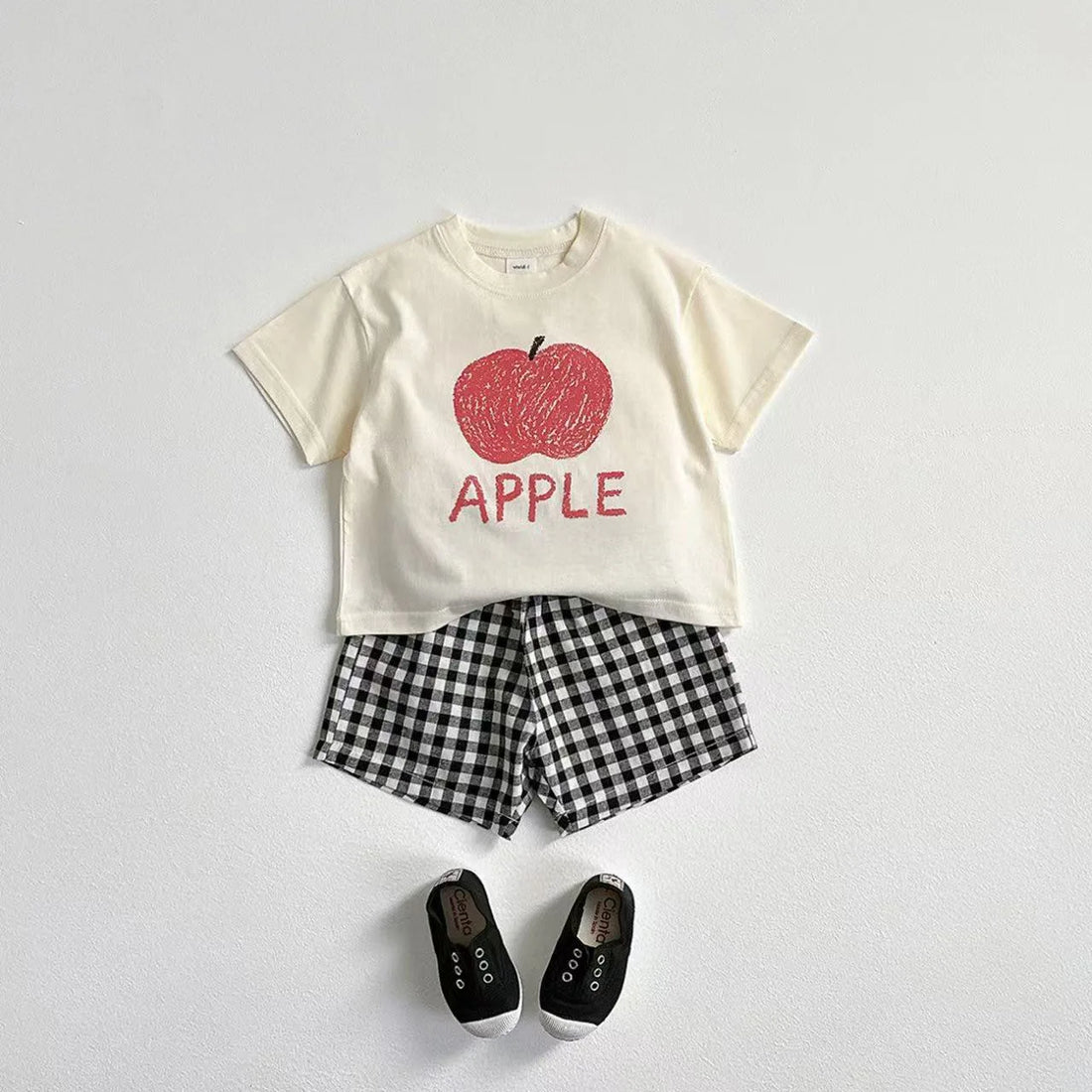 Two-Piece Set Kids Fruit Tee and Plaid Shorts