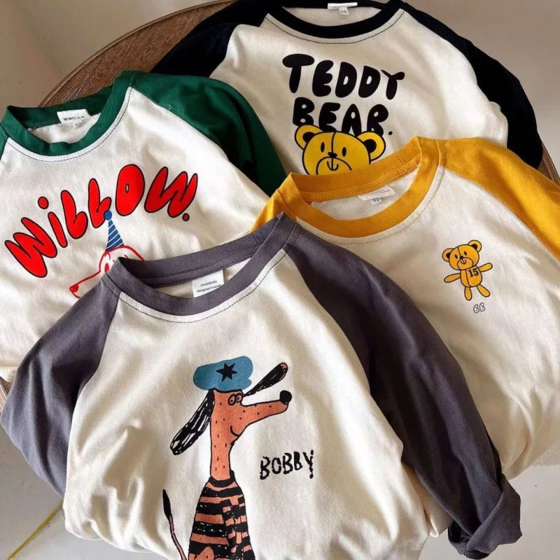 Kids Cartoon Patchwork Long Sleeve Tee