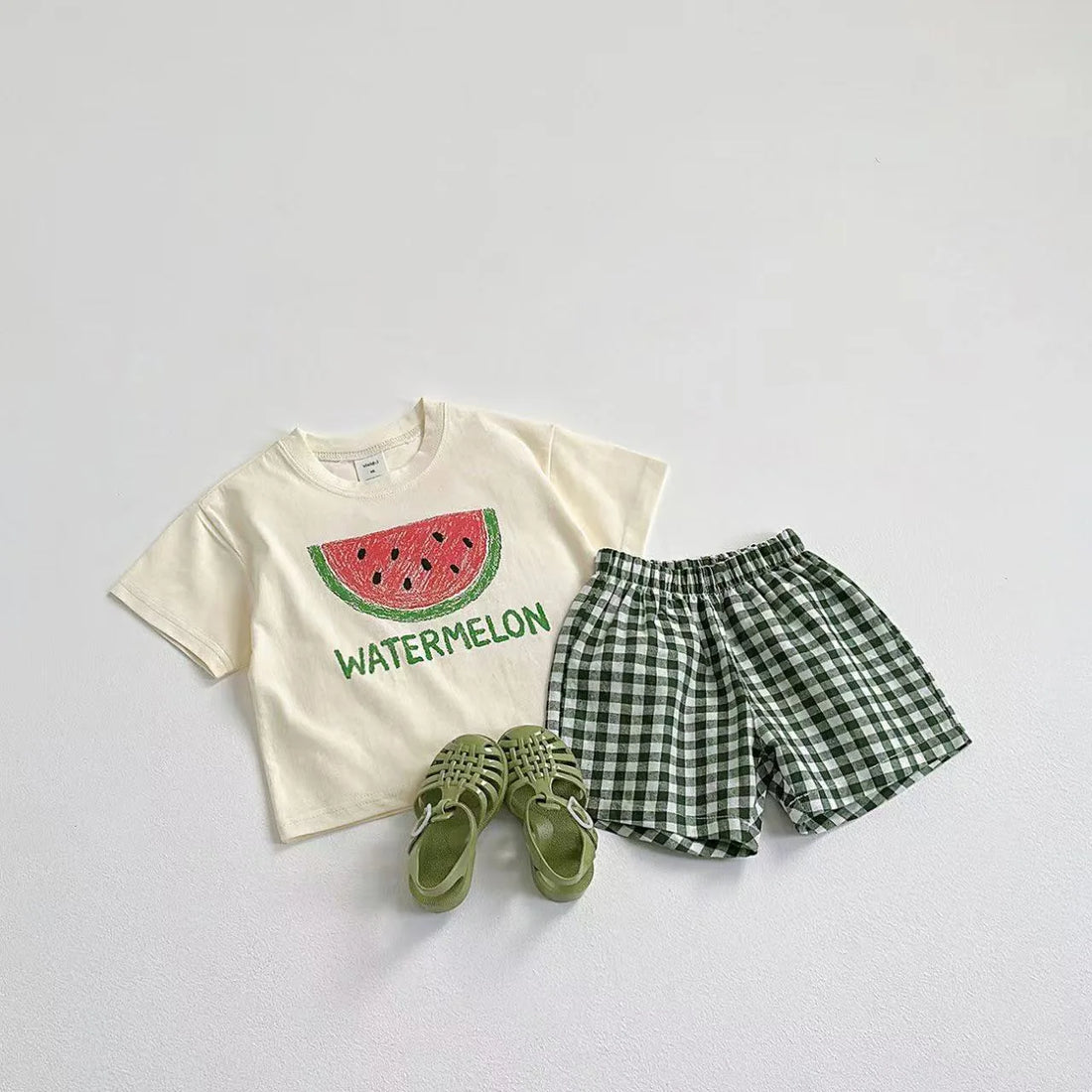 Two-Piece Set Kids Fruit Tee and Plaid Shorts