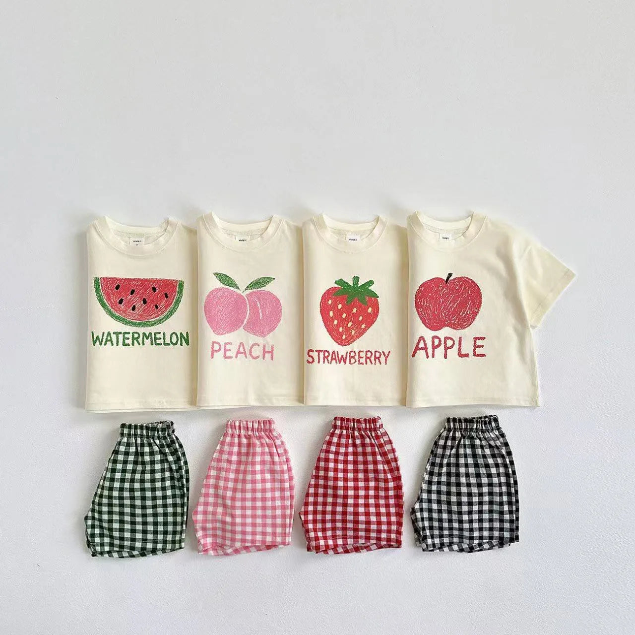 Two-Piece Set Kids Fruit Tee and Plaid Shorts