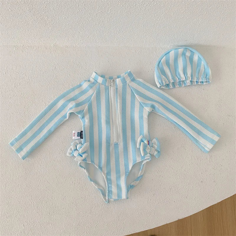 Kids Striped Long Sleeve Swimwear with Cap